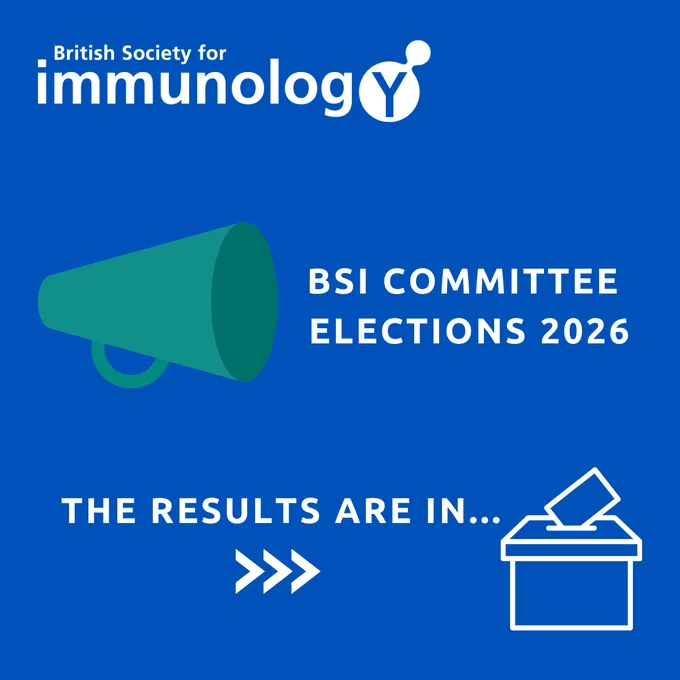 Announcement of the British Society for Immunology's committee election results for 2026. Features bold text and graphics on a blue background.
