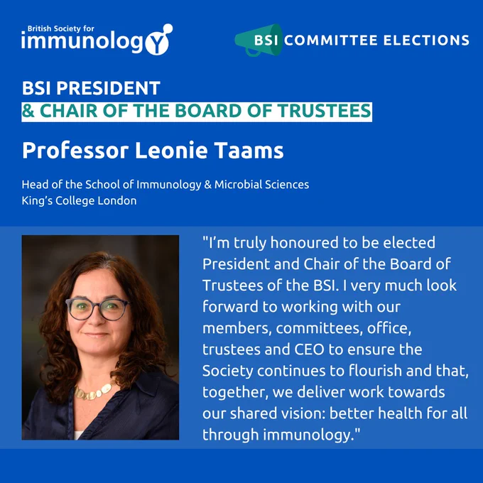 Professor Leonie Taams announced as the new BSI President and Chair of the Board of Trustees. The image includes a picture of Professor Taams and a statement about her appointment.