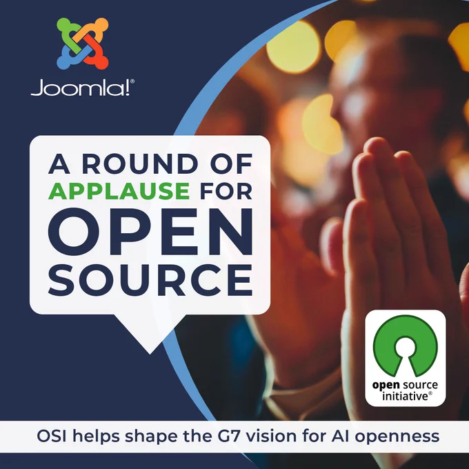 Person clapping hands in appreciation with blurred face, alongside Joomla and Open Source Initiative logos celebrating open source contributions.