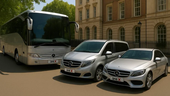 Three silver Mercedes vehicles—a large coach bus, a minivan, and a sedan—are parked side by side on a paved street in front of a historic building with tall windows and brick-and-stone architecture. The vehicles each display “Int X” on their front plates, and trees with green foliage are visible above, casting soft daylight shadows across the scene.