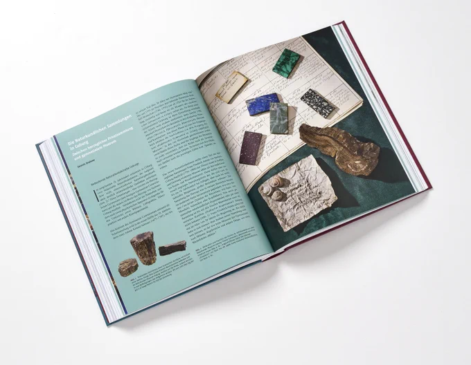 Aufgeschlagenes Buch. Auf der rechten Seite sind eine Liste und Naturalien in einer Collage zusammengestellt, auf der linken Seite befindet sich ein Textbeitrag zu den Naturkundlichen Sammlungen in Coburg.