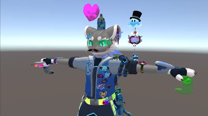 Screenshot showing off an avatar with an...inadvisable amount of assets and knick-knacks, almost certainly plummeting the avatar into Very Poor territory.