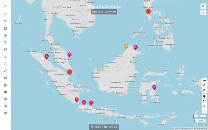 Screenshot from the Risk Intelligence System: 41% of SE Asia boarding perpetrators reported armed in the past 12 months.