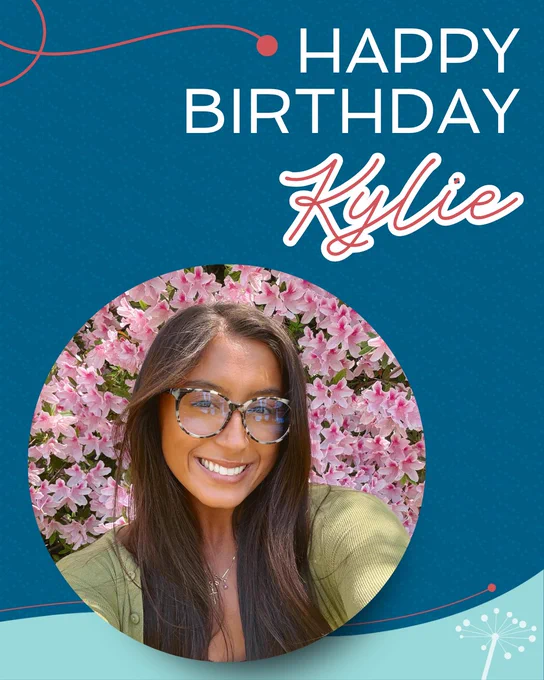 A joyful birthday greeting card featuring a smiling woman in front of pink flowers, with a 'Happy Birthday Kylie' message.