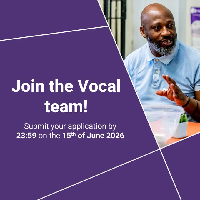 Purple graphic with text "Join the Vocal team!" and June 15, 2026 deadline. On right, a person in a blue shirt gestures and talks to someone off camera.