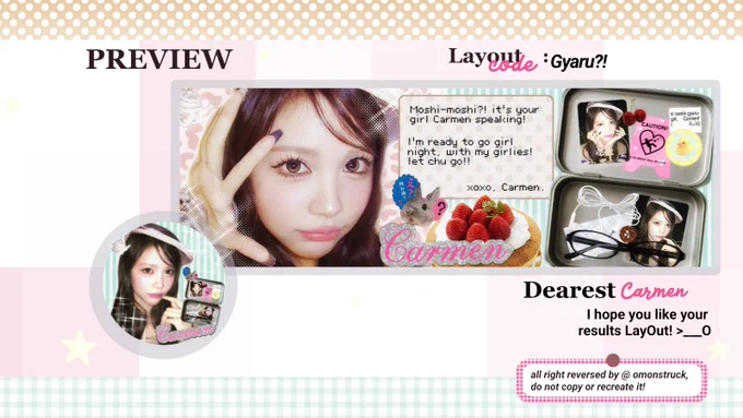 Gyaru?! untuk code ini sendiri, zuzur.. binya terinspirasi dari foto carmennya sendiri, BETUL FOTO CARMEN GYARU STYLE ENIH. cakep banget.. terus binya pengen punya anak yang gyaru gyaru style gituu, dan jadi deh si cantik Gyaru?! semoga kalian suka juga sama yang satu ini. 😍