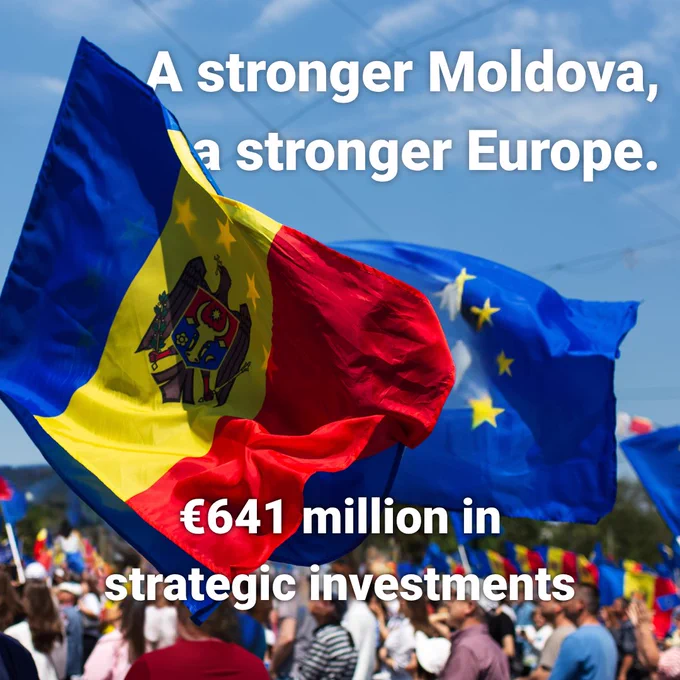 Moldovan and EU flags waving over a crowd. Text: "A stronger Moldova, a stronger Europe. €641 million in strategic investments."