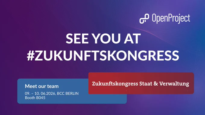 Promotional graphic for OpenProject's participation in the Zukunftskongress Staat & Verwaltung 2026