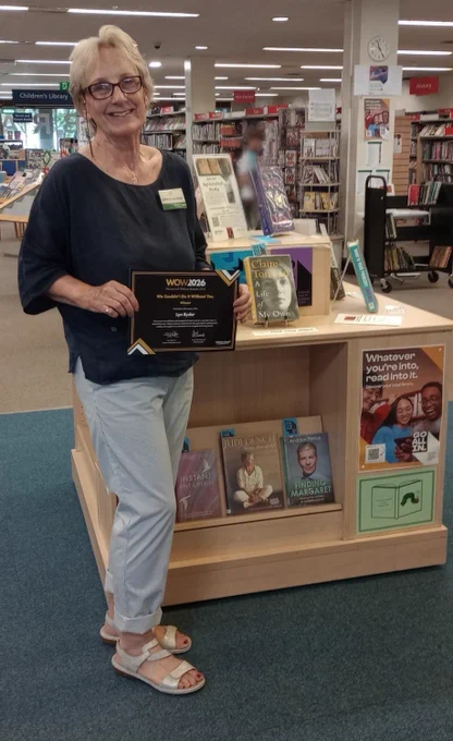 Lyn with her Winners of Wiltshire Award for volunteering at Salisbury Library