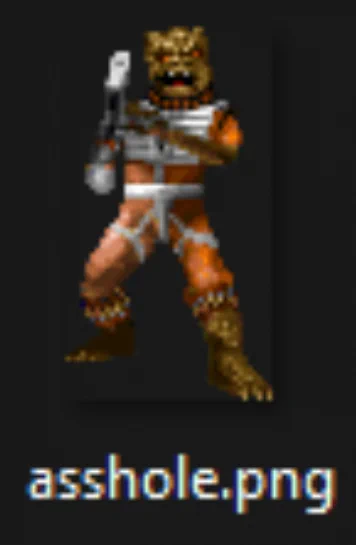 screenshot from a folder of an image of a sprite of a trandoshan enemy from star wars dark forces, with the filename "asshole.png" underneath