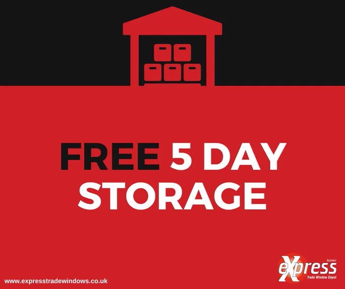 Graphic advertising a free 5-day storage offer from Express, featuring a warehouse icon and bold text.