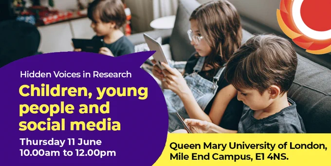 Three children sit on a couch, focused on tablets. Purple speech bubble with yellow and white text that reads: Hidden Voices in Research - Children, young people and social media.

Thursday 11 June / 10.00am to 2.00pm / Queen Mary University of London, Mile End Campus, E1 4NS. Click here to find out more. 

THCVS logo in the top right corner.