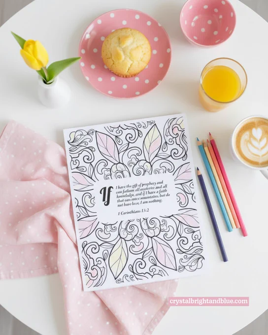 Bright morning flatlay with a partially colored 1 Corinthians 13:2 Scripture coloring page, colored pencils, pink polka dot tableware, a muffin, orange juice, and a yellow tulip on a white round table — faith-based devotional 