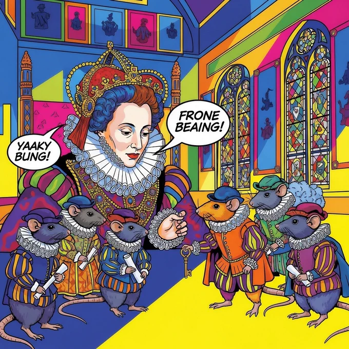 Illustration of Queen Elizabeth I and several rats dressed up as courtiers. She is exclaiming "Yaaky bung!" and "Frone beaing!"