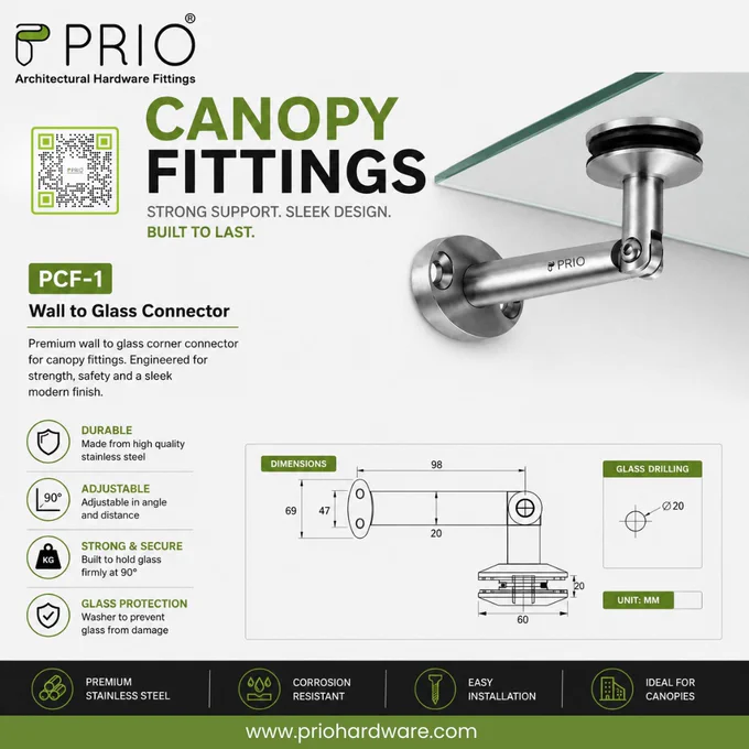 PRIO canopy fitting wall-to-glass connector for durable support