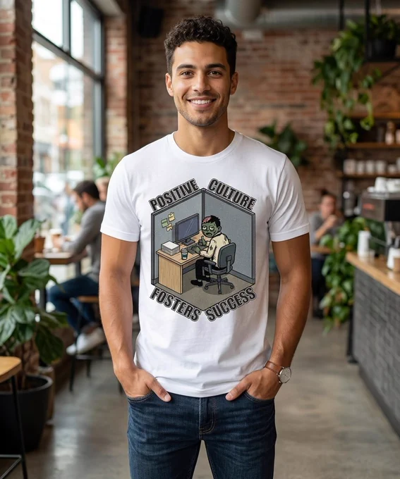 A satirical isometric graphic of a zombie in a grey office cubicle giving a thumbs-up. The illustration is framed by bold text that reads "POSITIVE CULTURE FOSTERS SUCCESS." The style is a clean, corporate-badge aesthetic with a biting, sarcastic tone.