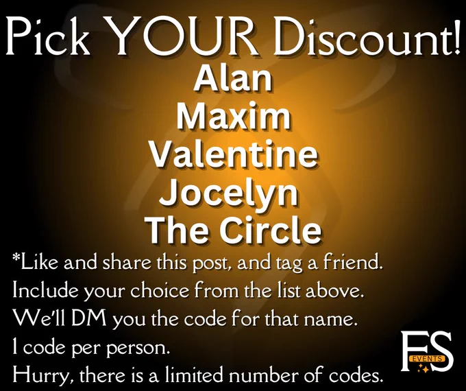 Alan
Maxim
Valentine
Jocelyn 
The Circle
*Like and share this post, and tag a friend. Include your choice from the list above.
We’ll DM you the code for that name.
1 code per person.
Hurry, there is a limited number of codes.