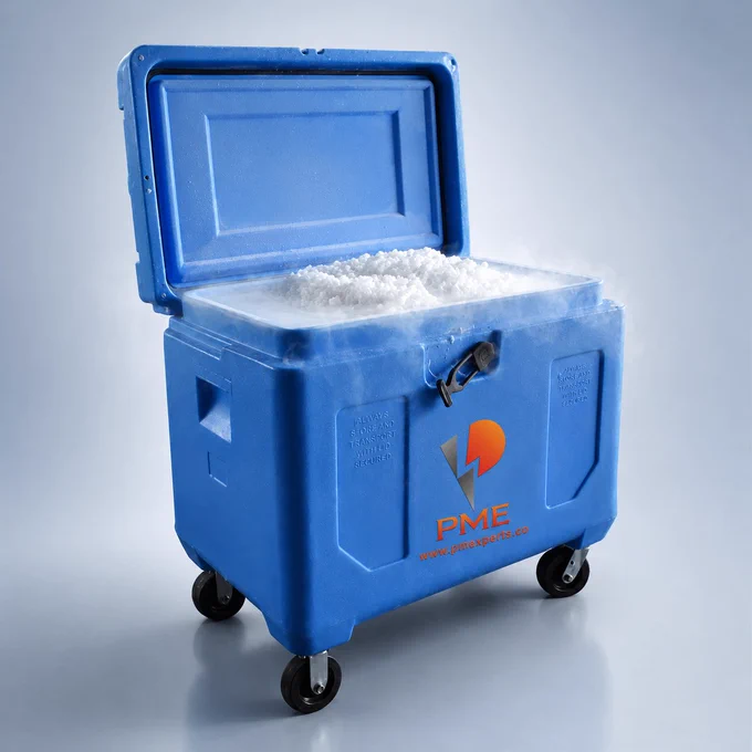 PME Saudi Dry Ice supplies 3mm dry ice pellets packed in high-quality insulated boxes with wheels, designed for safe and easy transportation.
The insulated box helps reduce dry ice loss during delivery and keeps the dry ice in good condition for industrial cleaning, cold chain logistics, frozen food transport, medical cooling, and emergency temperature protection.