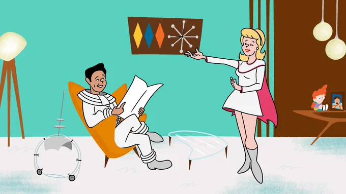 Establishing shot in “Michael and Mary vs. The Clock Thief,” with the titular astronauts relaxing at home. Mary confidently shows her husband Michael the new clock she purchased and installed; the latter looks up in kindled amusement.