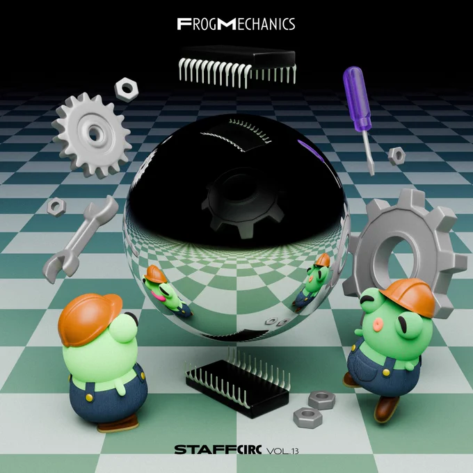Album art for STAFFcirc vol. 13 - Frog Mechanics depicting a 3D rendered scene with two cartoonish frogs wearing overalls and hard hats. In the centre of the scene, a huge reflective sphere floats between two oversized sound chips. Also floating in the air are some gears, a wrench, and a screwdriver. A green and white checkerboard stretches off into the pitch black distance.