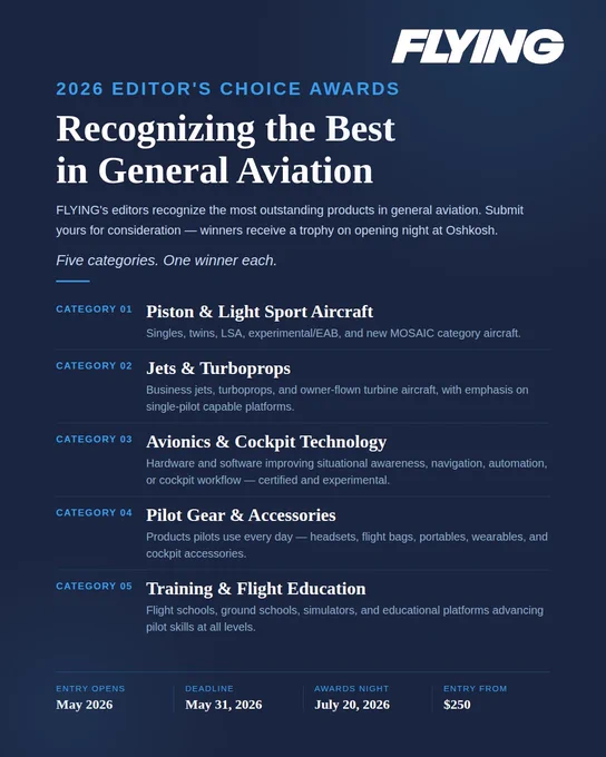 Promotional graphic for Flying's 2026 Editor's Choice Awards, highlighting categories in general aviation. The image features text detailing deadlines and categories such as Piston & Light Sport Aircraft and Avionics & Cockpit Technology.