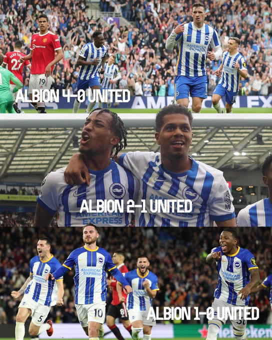 Three-pic graphic featuring Pascal, Joao and Georgi and Alexis celebrating their goals against United in 2022, 2024 and 2023. Good times!