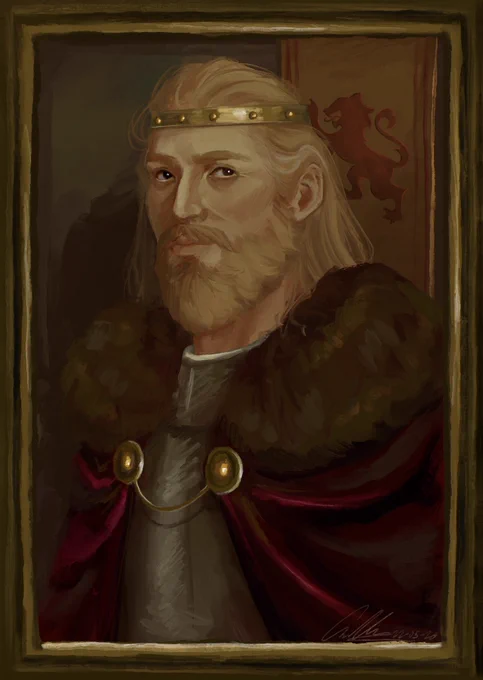 King Maric from Dragon Age, depicted in a royal portrait on a brown backdrop with a yellow banner embroidered with red lion heraldry. He is wearing a thin gold crown, a heavy velvet red cape, and a brown fur mantle. His hair and beard is blond. His eyes are brown. He’s facing screen left and gazing directly at the viewer with a regal and calm expression.