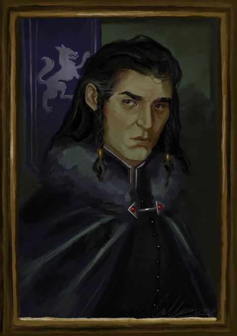 Loghain from Dragon Age, depicted in a royal portrait on a blue-green backdrop with a blue banner embroidered with silver wolf heraldry. He is wearing a heavy velvet blue cape, and a grey fur mantle. His hair is black. His eyes are blue-grey. He’s facing screen right and gazing directly at the viewer with a gloomy, judgemental expression.