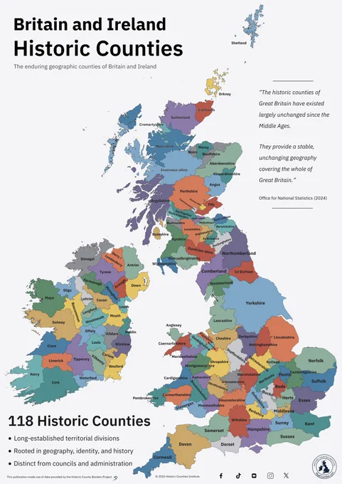 Map of the 118 historic counties of England, Ireland, Scotland and Wales.