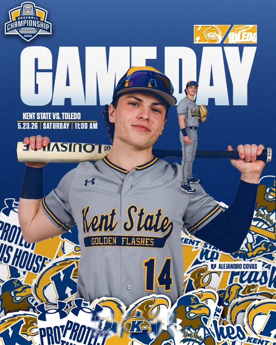 Kent State baseball game day graphic for the 2026 MAC Baseball Championship. The design prominently features Alejandro Covas in a gray Kent State Golden Flashes #14 jersey and blue batting helmet, resting a Louisville Slugger bat across his shoulders, with a smaller full-body shot of him standing in a gray uniform holding a glove to the right. The top displays "GAME DAY" in large white text beneath the MAC Baseball Championship 2026 logo, with Kent State and Toledo logos side by side. Game details read Kent State vs. Toledo, 5.23.26, Saturday, 9:00 AM. The background is navy blue with scattered Kent State stickers, logos, and Under Armour branding filling the bottom of the design. MAC, Kent State, and Under Armour logos appear along the bottom.