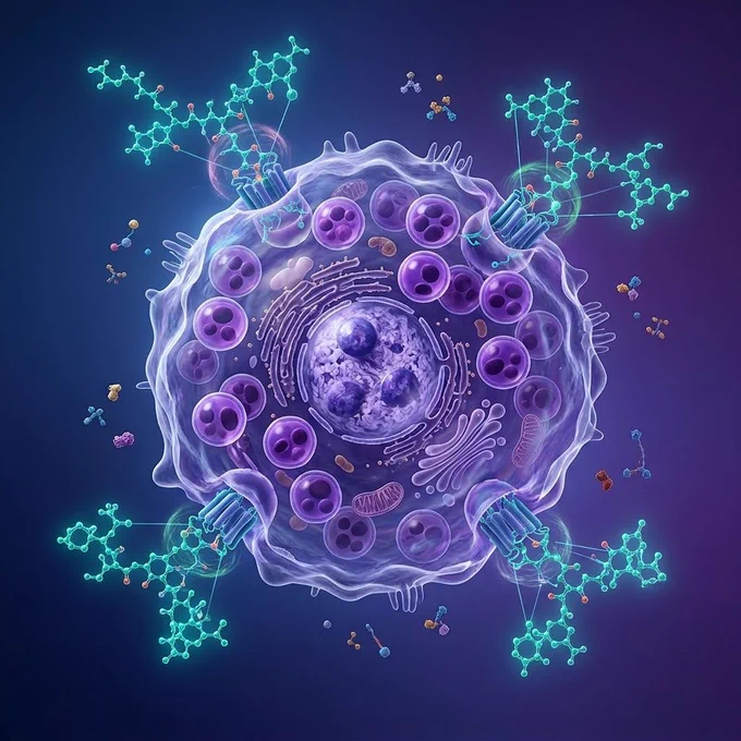 Detailed medical illustration of a mast cell in purple and blue tones with multiple semaglutide molecules in teal or green colors binding to GLP-1 receptors on the cell membrane. The molecular interaction is highlighted with glowing effects. The cell membrane shows visible receptor proteins where semaglutide attaches. Inside the cell, stable granules are visible. Modern biomedical visualization on a gradient background.