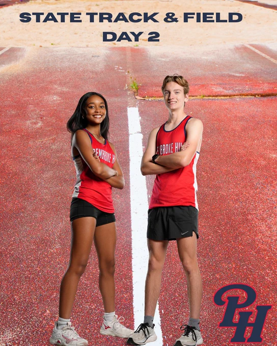 Two athletes in red and white uniforms stand confidently on a track, ready for the second day of the state track and field event. The atmosphere is competitive and spirited.
