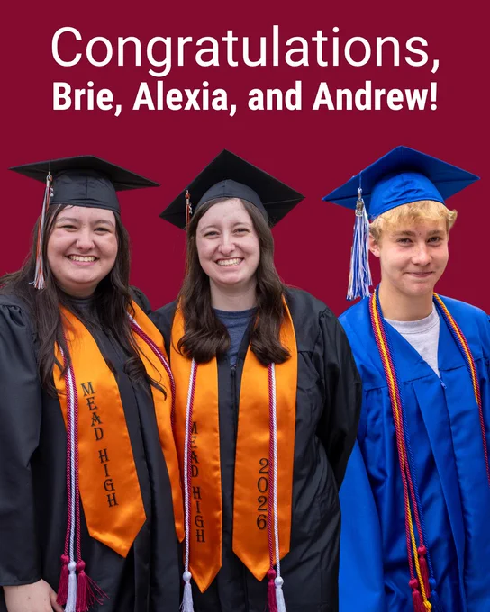 Graduation graphic with photo of three graduates in graduation regalia on a red background with text that says, “Congratulations, Brie, Alexia, and Andrew!”