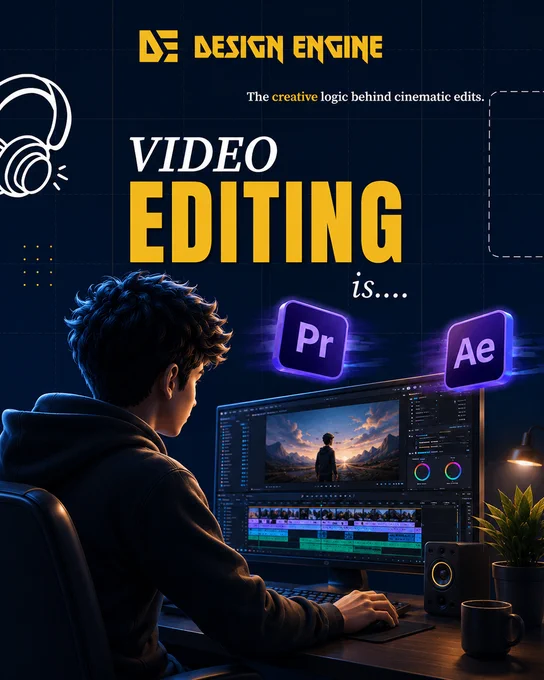 A dark blue promotional graphic titled "DESIGN ENGINE". Large bold text reads "VIDEO EDITING is.... The creative logic behind cinematic edits." A digital illustration shows the back of a young male video editor with curly hair looking at a large computer monitor displaying a landscape scene on an editing timeline. 3D floating icons for Adobe Premiere Pro (Pr) and After Effects (Ae) hover near the screen.