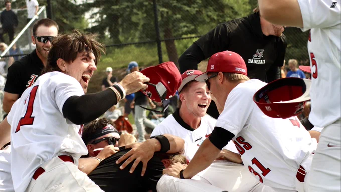Team dog piles after winning Super Regional.