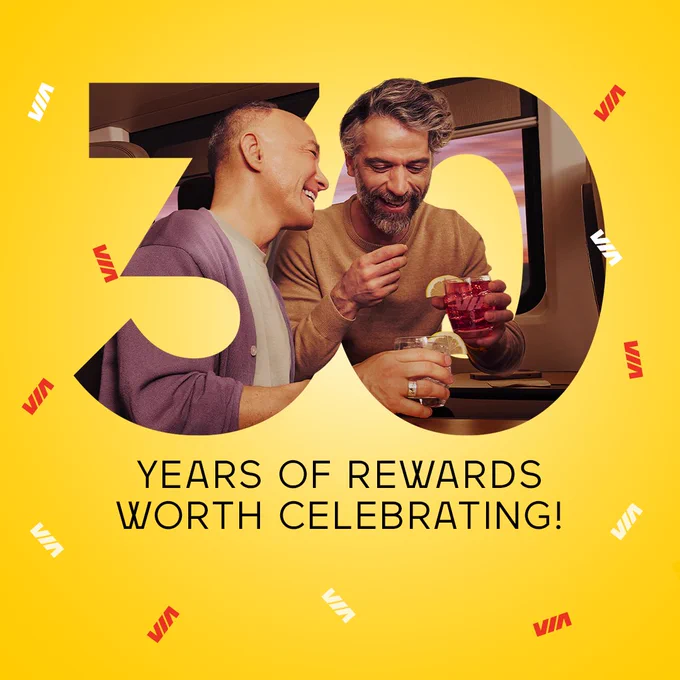 VIA poster on a yellow background celebrating 30 years of VIA Préférence, with two people in a train raising their glasses inside the number 30