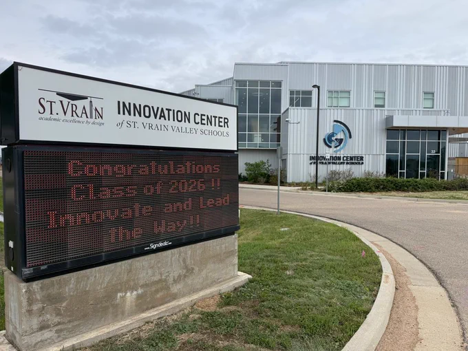 Innovation Center with marquee sign that says, "Congratulations Class of 2026!! Innovate and Lead the Way!"
