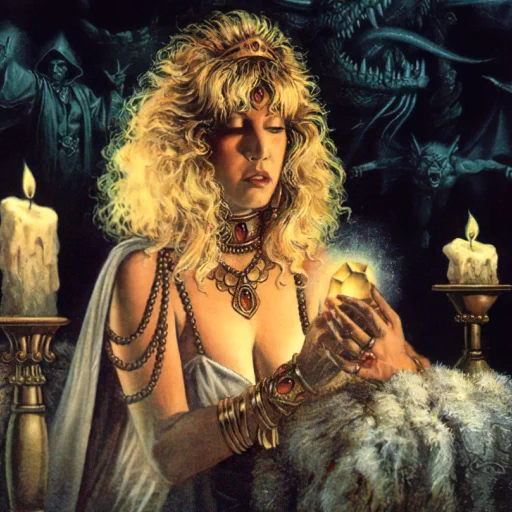 Artist: Clyde Caldwell

Thomas M. Reid (1993). AD&D Trading Cards 1993 series, #378, "Arden". TSR, Inc..
