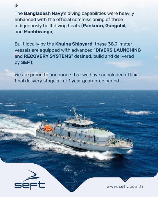 The Bangladesh Navy's diving capabilities were heavily enhanced with the official commissioning of three indigenously built diving boats (Pankouri, Gangchil, and Machhranga). 

Built locally by the Khulna Shipyard, these 38.9-meter vessels are equipped with advanced "DIVERS LAUNCHING and RECOVERY SYSTEMS" desined, build and delivered by SEFT.

We are proud to announce that we have concluded official final delivery stage after 1 year guarantee period.

www.seft.com.tr

#NavalArchitecture #ShipDesign #Shipyard #Innovation #Maritime #KhulnaShipyardLimited #KSY #BangladeshNavy #SEFTengineering