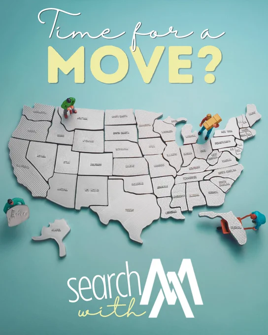 A creative map of the USA with small figures moving puzzle pieces, accompanied by text suggesting relocation. Playful and inviting.