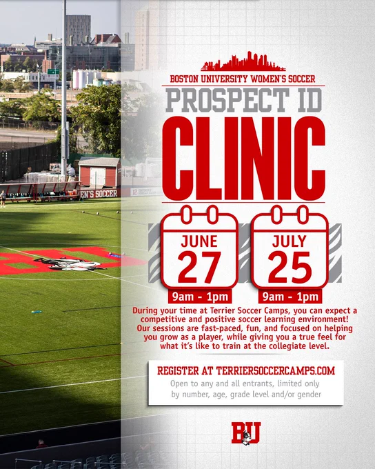 BU women’s soccer prospect ID clinic flyer for June 27 and July 25
