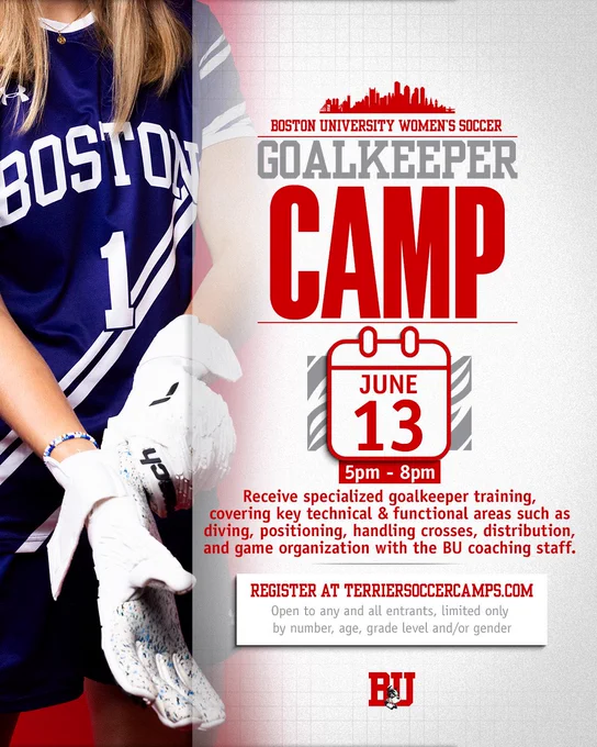 BU women’s soccer goalkeeper camp flyer for June 13 from 5-8pm