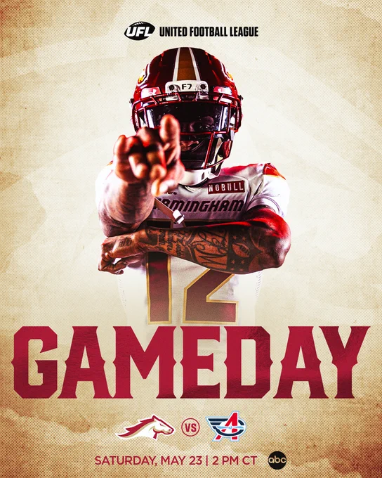 A dynamic announcement for a United Football League game featuring a player pointing directly at the viewer. The bold text and team logos create excitement and anticipation.