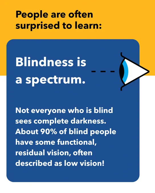 Eye looking at object. Text: People are often surprised to learn: Blindness is a spectrum.Not everyone who is blind sees complete darkness. About 90% of blind people have some functional, residual vision, often described as low vision!