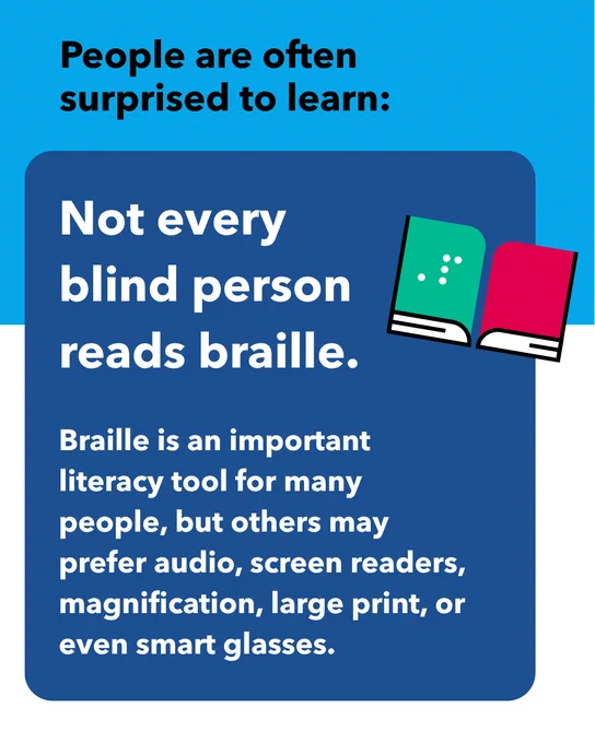 Book with the braille letter P on the cover. Text: People are often surprised to learn: Not every blind person reads braille. Braille is an important literacy tool for many people, but others may prefer audio, screen readers, magnification, large print, or even smart glasses.