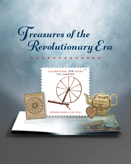 The Spinning Wheel stamp rests atop an open book with the text “Treasures of the Revolutionary Era” above.
