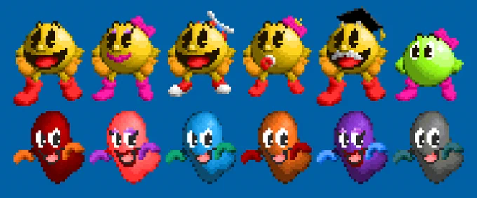 Pac Family (Pac-Man, Ms. Pac-Man, Jr. Pac-Man, Baby Pac-Man, Professor Pac, and Miru) and the Ghost Gang (Blinky, Pinky, Inky, Clyde, Sue, and Orson) in Pac-Mania styled using their modern designs based on Pac-Man World 1   2