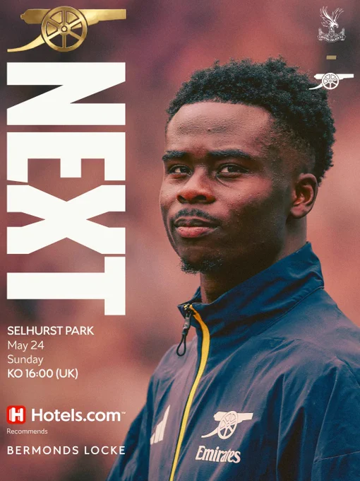 Arsenal's next match:
versus Crystal Palace
at Selhurt Park
May 24
Kick-off at 16:00 (UK)

Hotels.com recommends Bermonds Locke