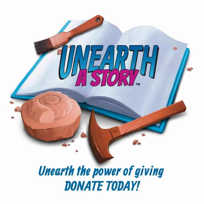 A promotional graphic for a summer learning program against a white background. An open book with blue edges serves as the backdrop for the main title, "UNEARTH A STORY," written in a bold, blue and pink font. A wooden paintbrush rests on top of the book. In the foreground, there is a round, clay-colored rock showing a carved ammonite shell fossil, alongside a wooden geological rock hammer. Blue text at the bottom reads, "Unearth the power of giving. DONATE TODAY!"