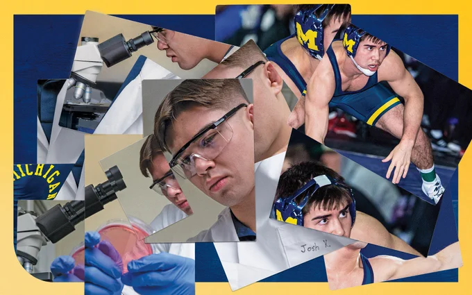 A collage featuring University of Michigan an athlete wrestling in uniform and students conducting scientific experiments with lab equipment and petri dishes, all set against a yellow and blue background.